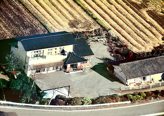 上空から撮影した浅野さんの原発事故前の自宅。自宅や裏の田んぼは現在は荒れ果てている=2009年11月