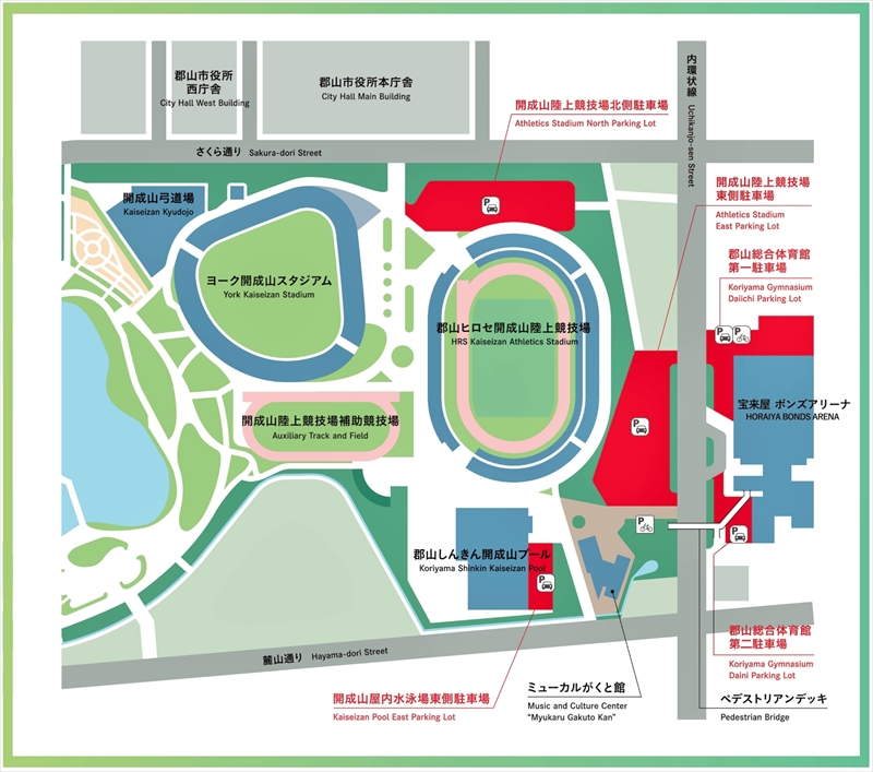 開成山地区体育施設の位置図。赤色で記された駐車場が4月1日から供用開始となる(郡山市提供)
