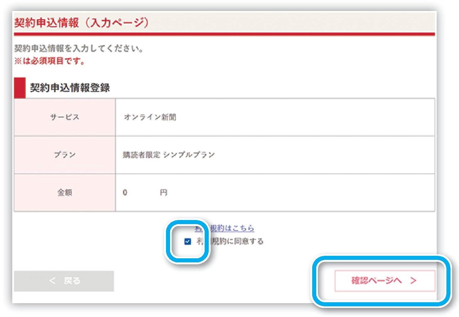 「利用規約に同意する」にチェックを入れ、確認ページへ