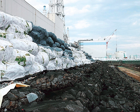 東日本大震災後に福島第一原発に設けられた仮設の防潮堤＝平成２３年６月撮影、東京電力提供