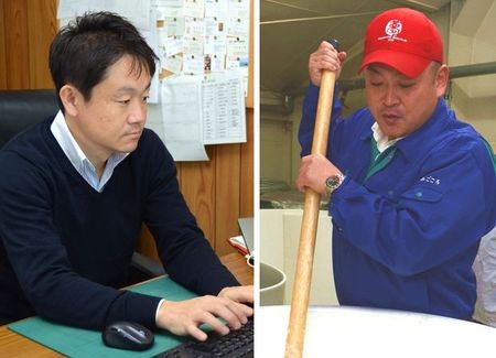新酒の「酒母」をかき混ぜる東海林（写真右）とマレーシアなどから届く注文のメールを確認する唐橋（同左）
